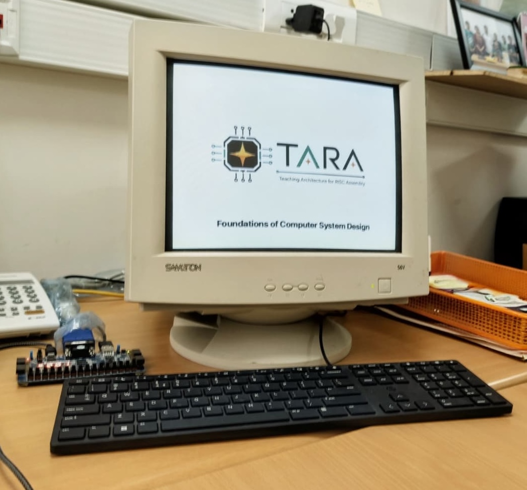 TARA boot splash displayed on a VGA monitor connected to the Basys 3 board