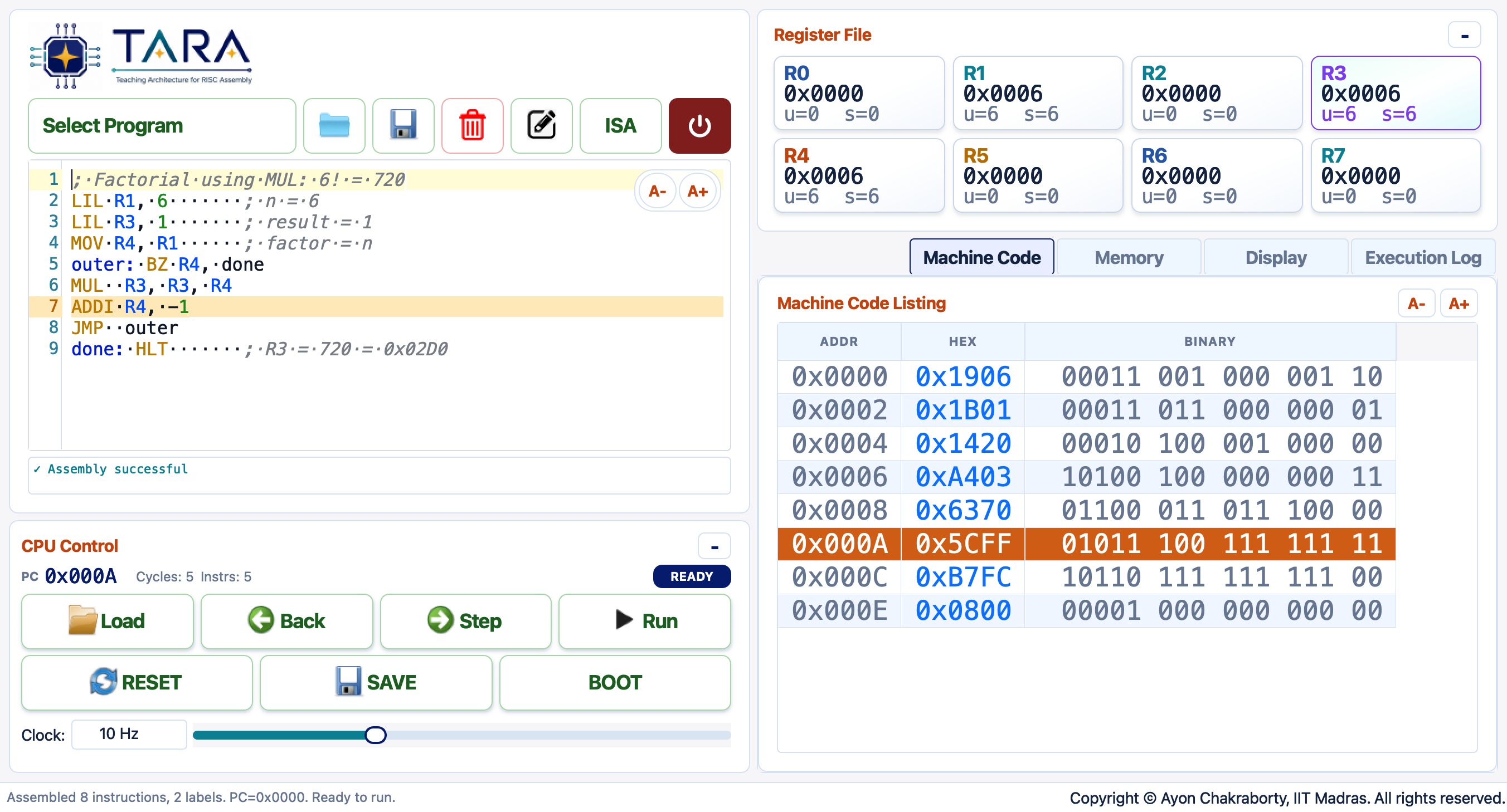 Simulator mid-execution: factorial program, registers updating