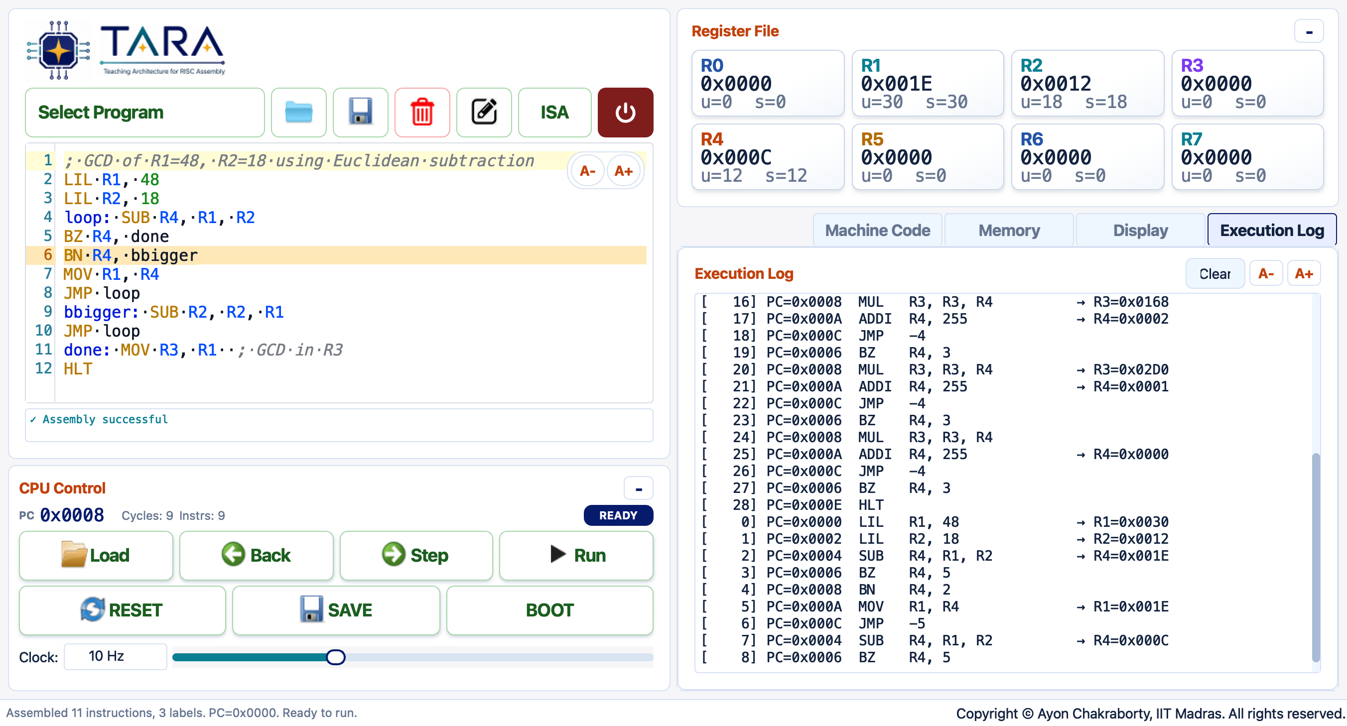 Execution Log tab showing step-by-step trace for the GCD program