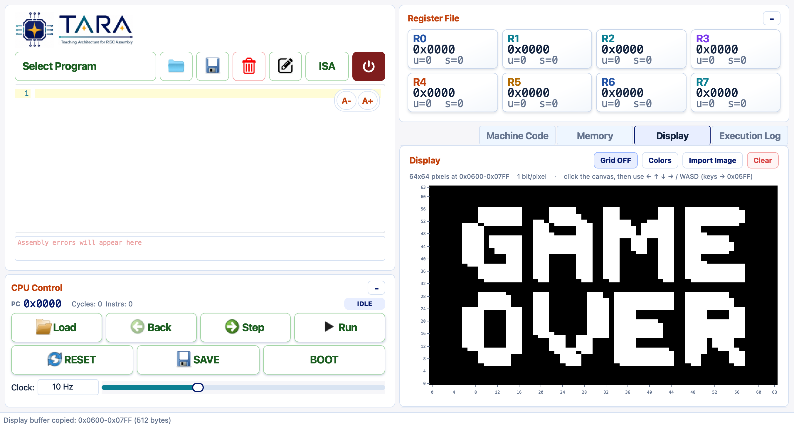gameover.jpg loaded at 64×64 into the display framebuffer