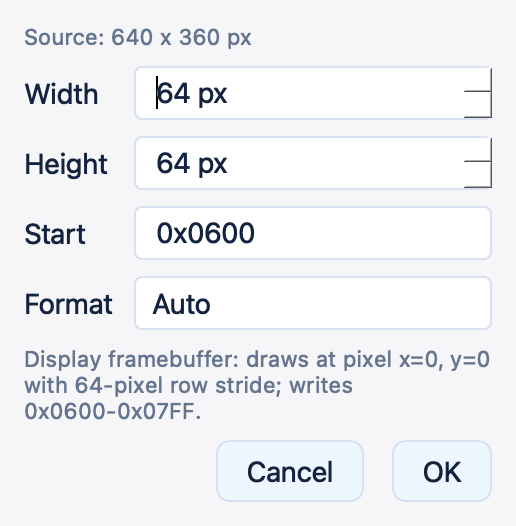 Import Image dialog showing gameover.jpg at 64×64, Format Auto