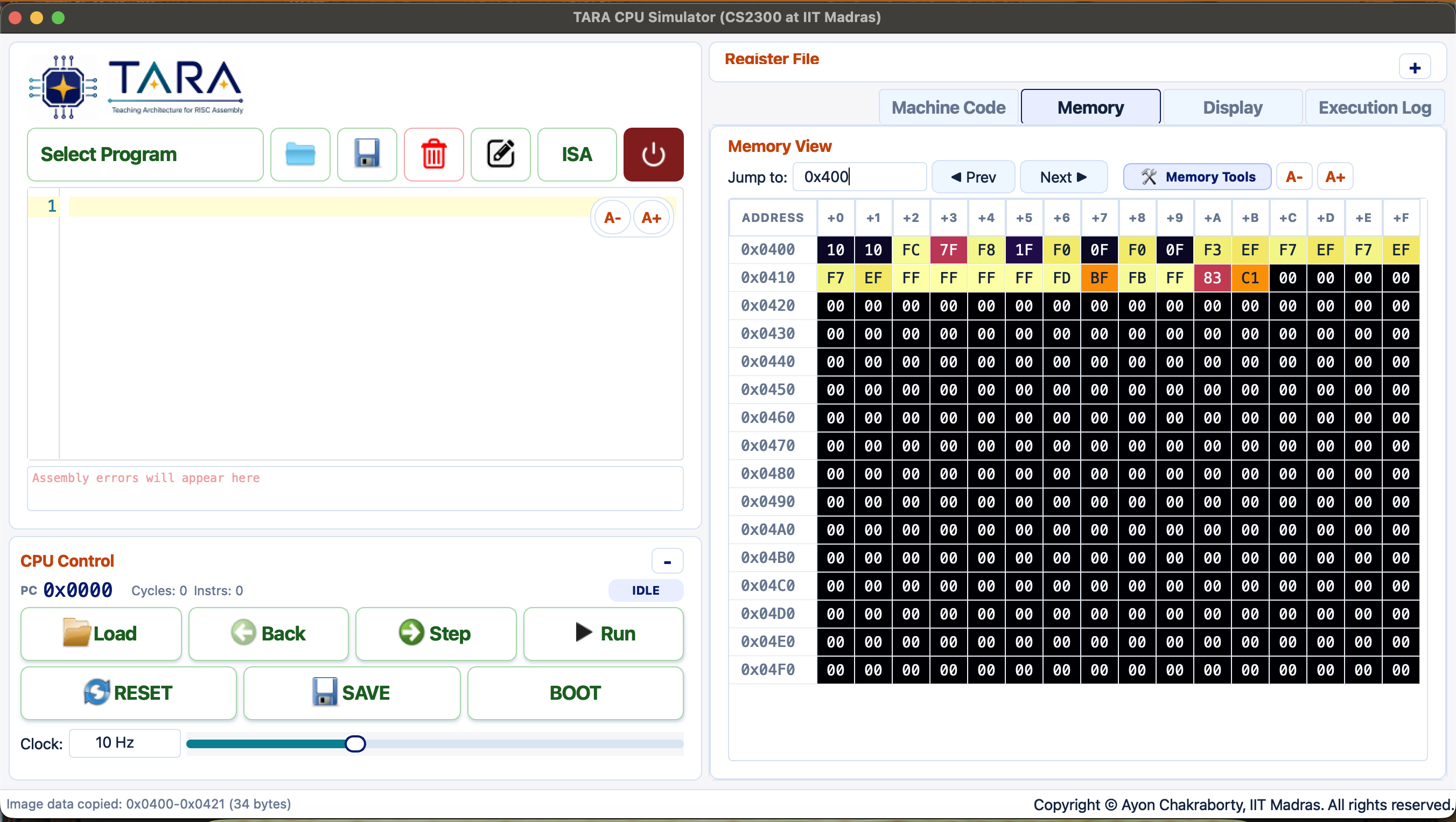 Memory tab at 0x0400 showing packed glyph bytes with heatmap