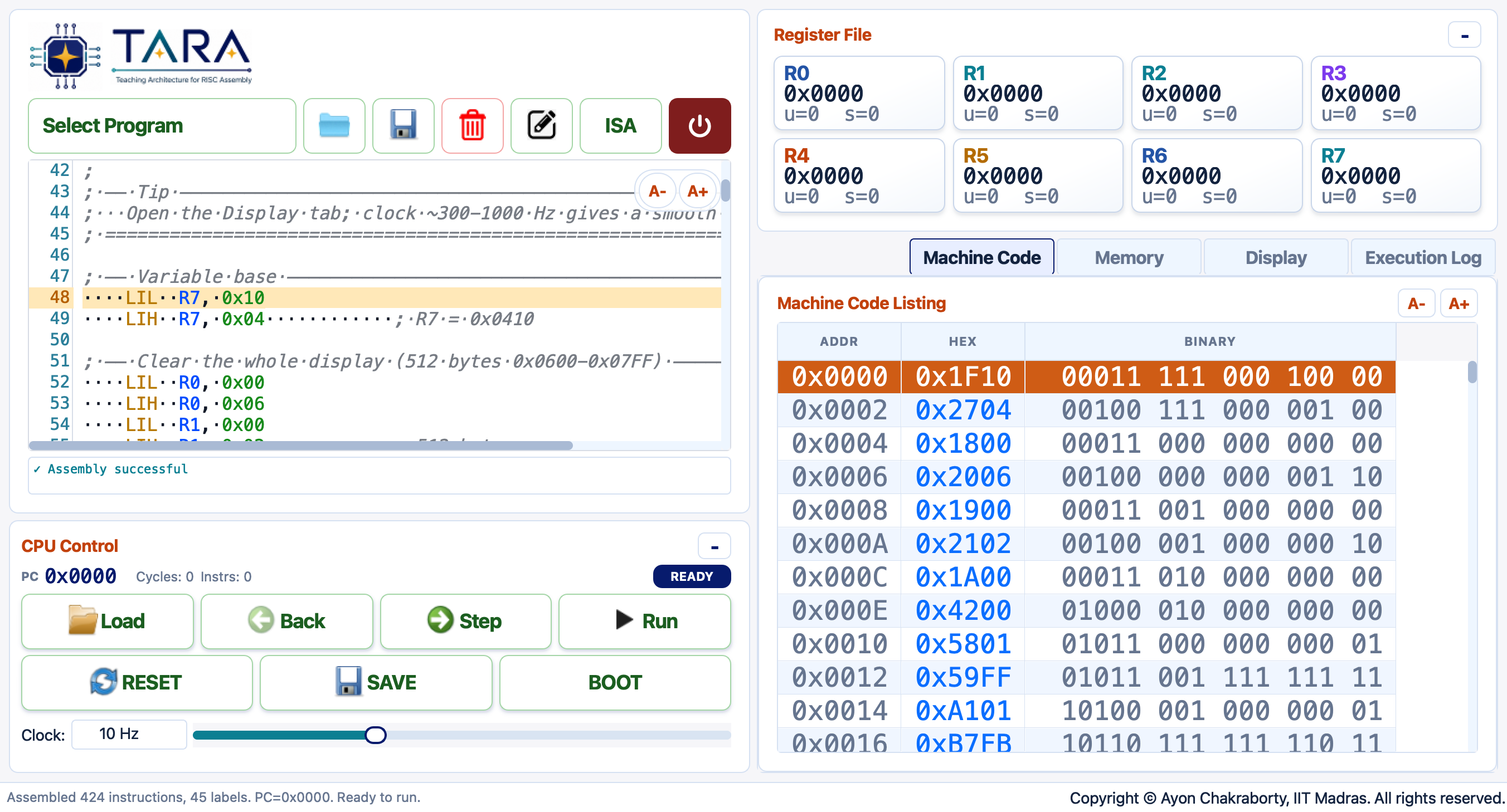Snake loaded in the editor — machine code listing populated