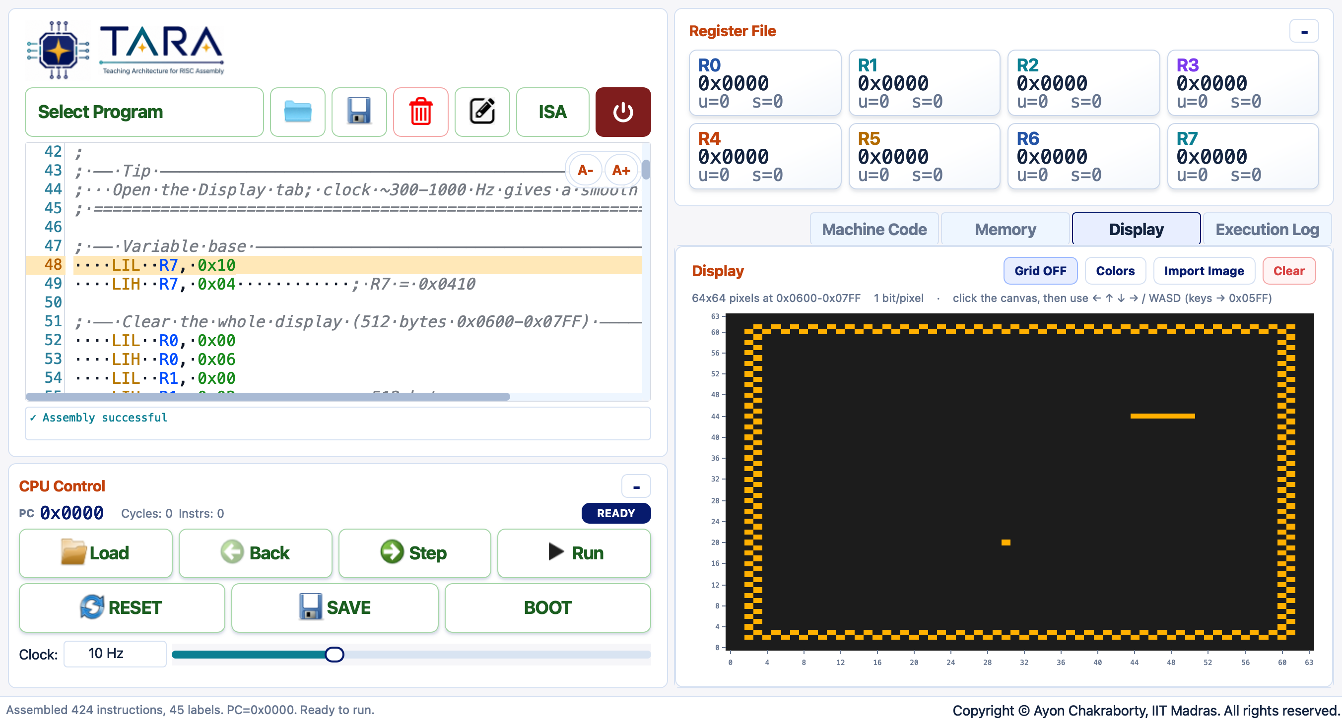 Snake game running mid-game on the Display tab