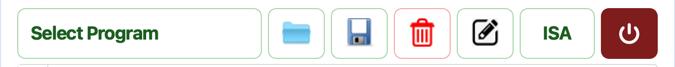 Editor toolbar: Select Program dropdown, Open, Save, Delete, Rename, ISA, Power