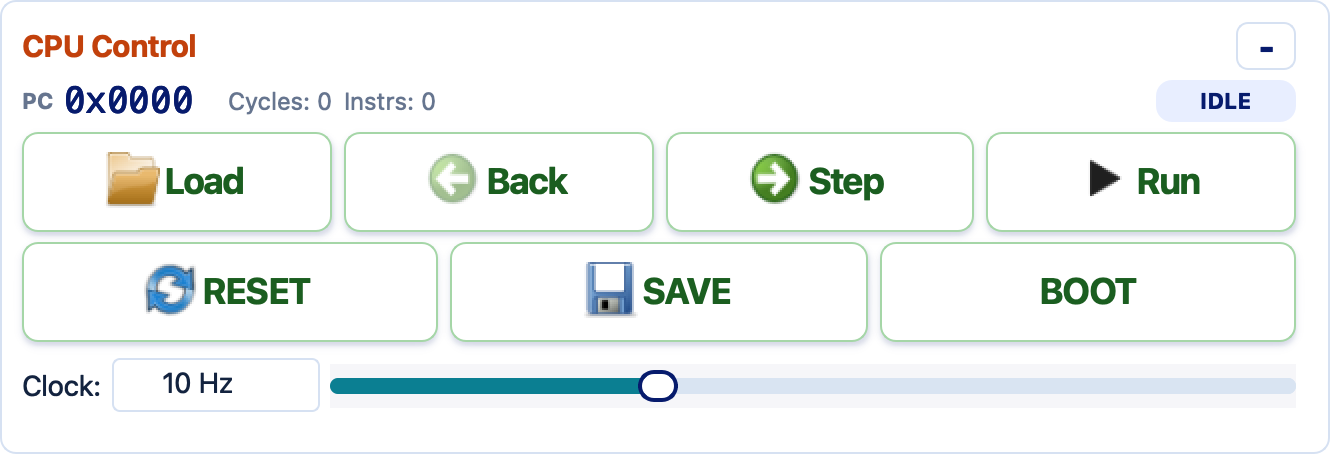 CPU Control panel with Load, Step, Back, Run, Reset, Save, Boot, and clock controls